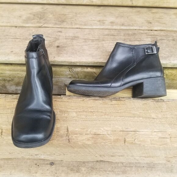 Vintage 90s y2k Square Toe Chunky Heel Black Leather Heeled Ankle Boots Booties - Picture 9 of 9
